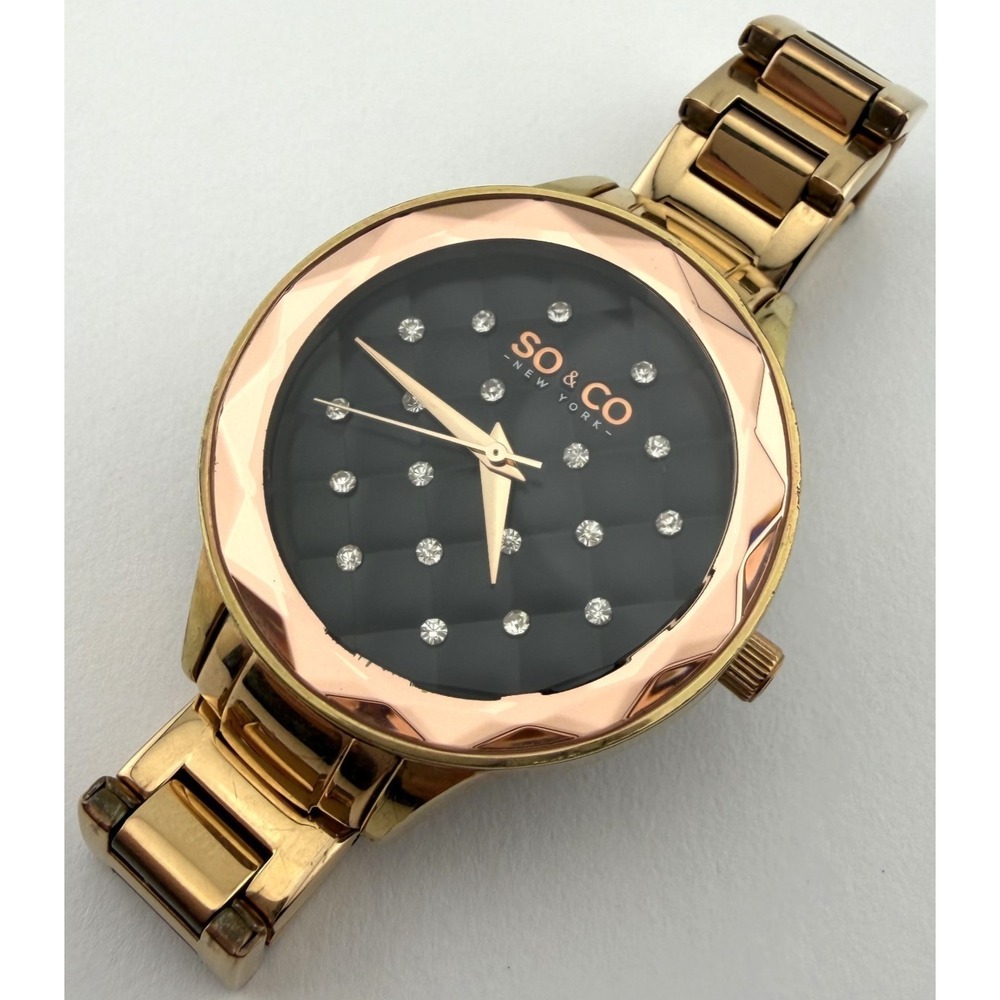 SO&CO New York Womens Watch Two Tone Gold Quilted Black Crystal Dial